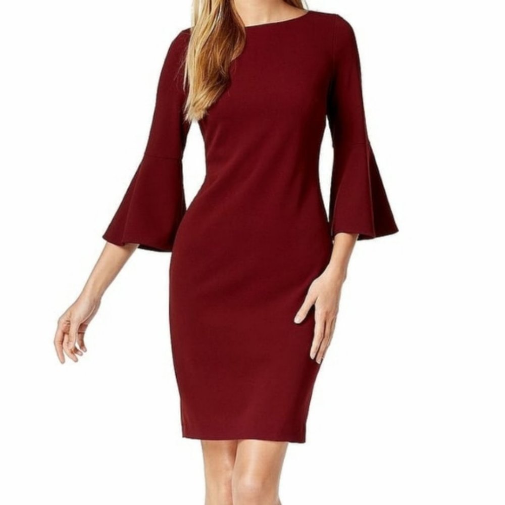 Calvin Klein Burgundy Red Bell Sleeve Sheath Dress